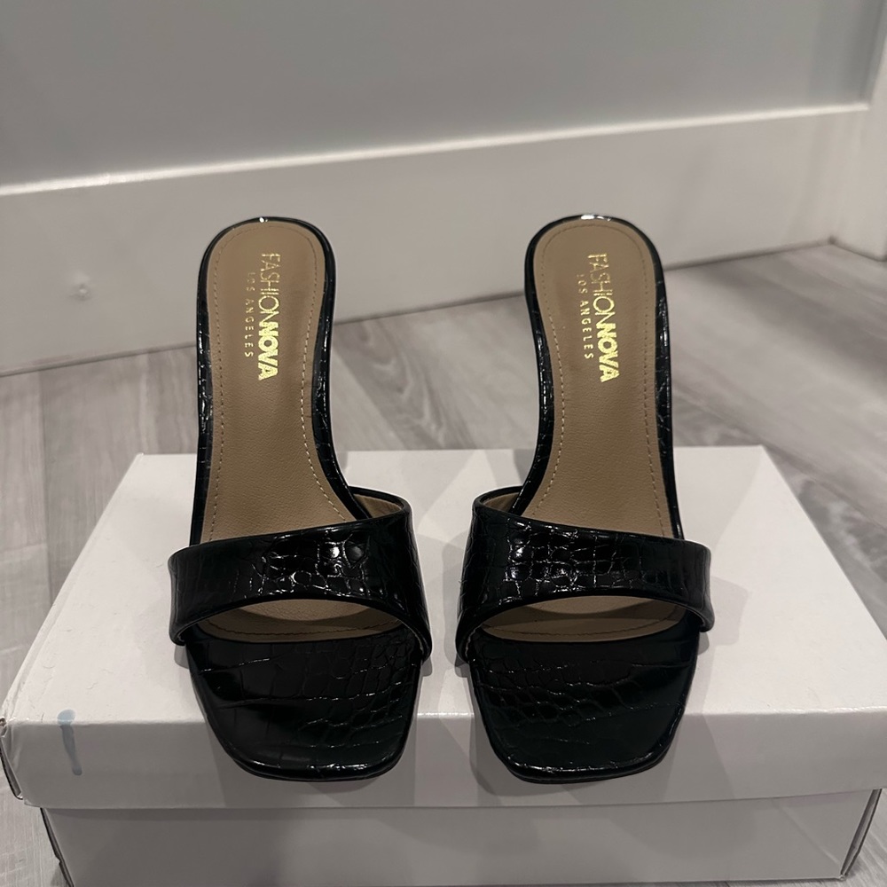 Black Alligator Print Assymetrical Mule Heels
